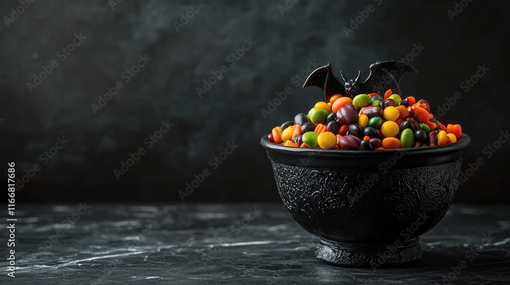 Aufkleber halloween bowl overflowing with colorful candies and sweets decorated with bats on a dark background