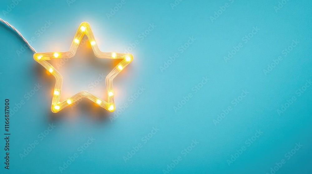 Poster Star shaped LED light lamp on blue background minimalistic top view flat lay composition with copy space for creative design concepts