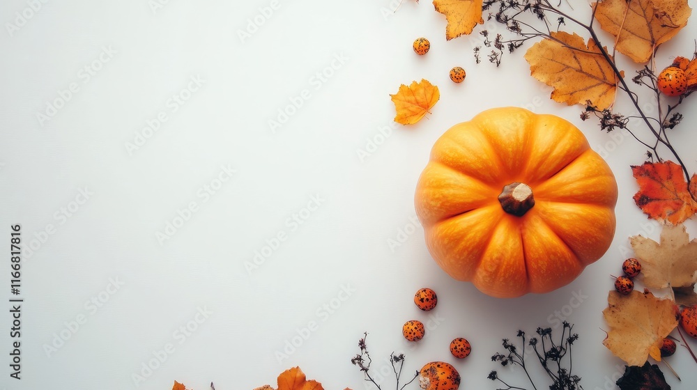 Poster halloween pumpkin decorated with autumn leaves and berries on a white background with ample space fo