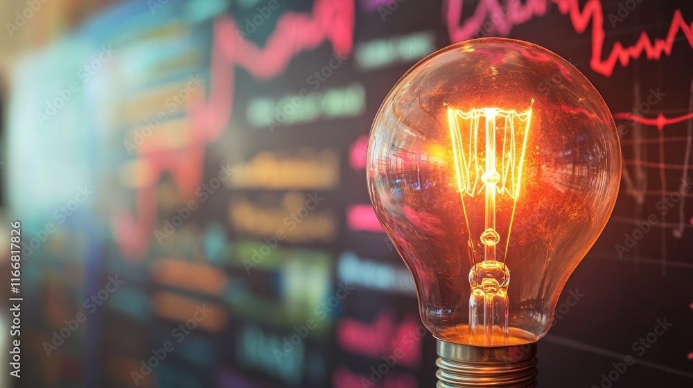 Poster light bulb symbolizing innovation overlaid with business strategy charts and data analytics