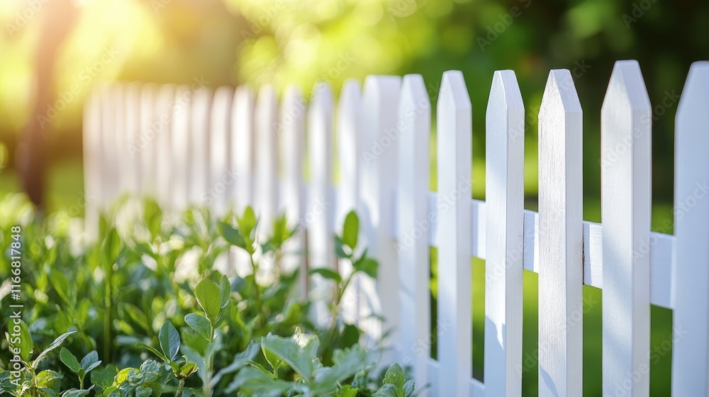 Poster charming white picket fence surrounded by lush greenery in a tranquil garden setting