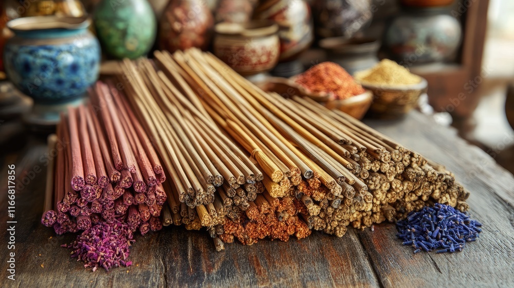 Poster colorful incense sticks arranged on a wooden table with various aromatic powders and decorative pots
