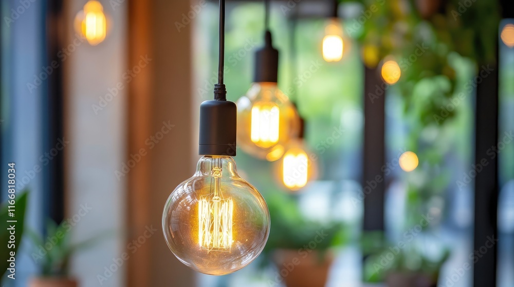Poster stylish incandescent light bulbs hanging in a modern interior with greenery creating a warm and invi
