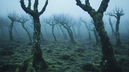 Fototapeta premium Ethereal Foggy Landscape with Gnarled Trees in Mystical Forest Setting
