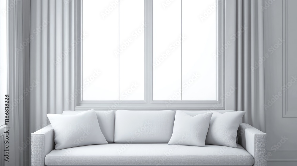 Aufkleber Minimalist Scandinavian Interior with Gray Sofa by Bright Window and Soft Curtains Ideal for Text Overlay or Modern Design Concepts