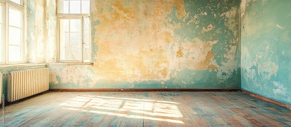 Poster Grungy empty interior room with textured walls and distressed flooring perfect for artistic and design projects and creative backdrops.