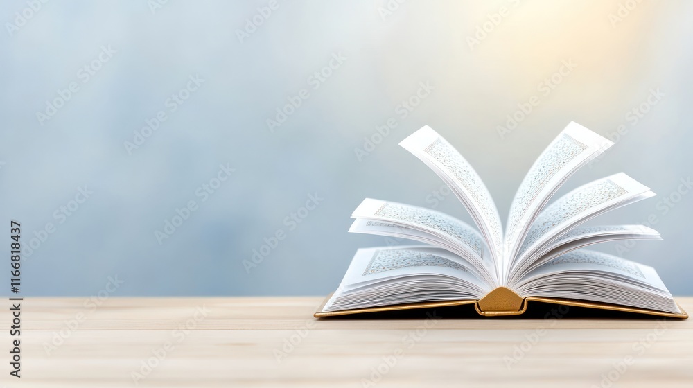 Poster an open book on a wooden table with a soft blurred background.