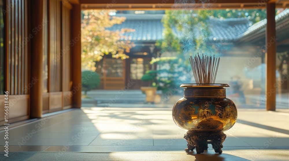 Poster Incense burner in a tranquil temple setting with smoke rising softly in a serene environment surrounded by nature and traditional architecture