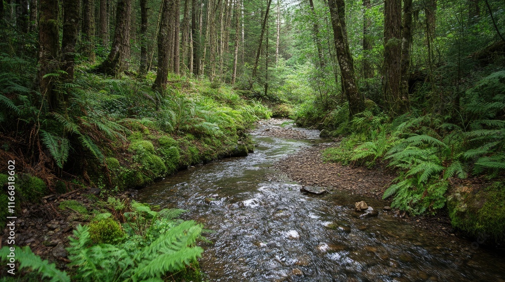 Poster Serene forest path with a gently flowing stream surrounded by lush greenery and tall trees in a tranquil natural landscape.