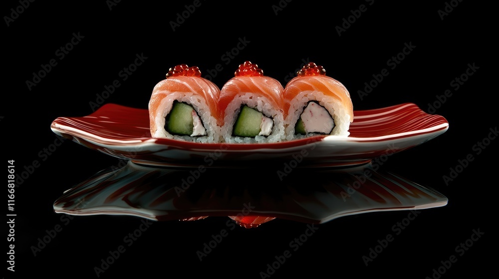 Poster gourmet sushi roll featuring salmon cucumber and wasabi served on a red plate against an elegant bla