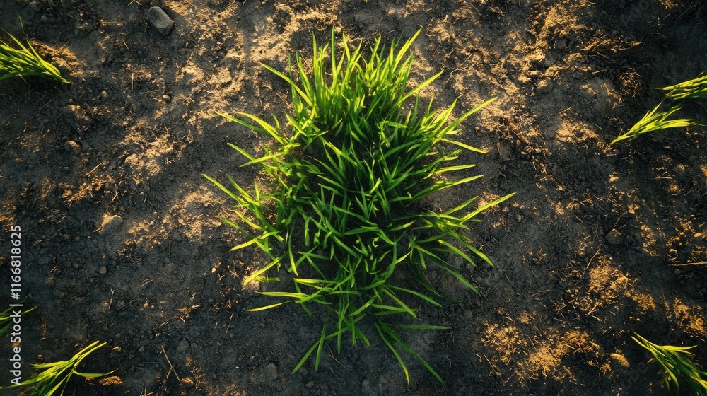 Poster fresh spring grass emerging from fertile soil showcasing vibrant green blades against a textured ear