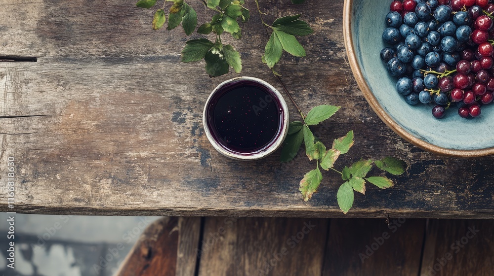 Poster flat lay of a rustic wooden table featuring a bowl of fresh berries and a jar of homemade jam surrou