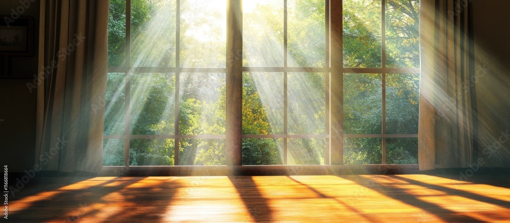 Poster sunlit interior view with radiant light rays streaming through a window creating a warm and inviting