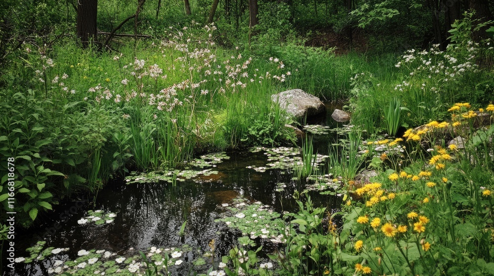 Poster springtime serenity in a lush forest with blooming wild herbs and vibrant flowers near a calm reflec