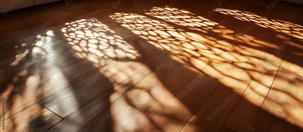 Poster intricate light and shadow patterns on a wooden floor creating a warm and inviting interior design a
