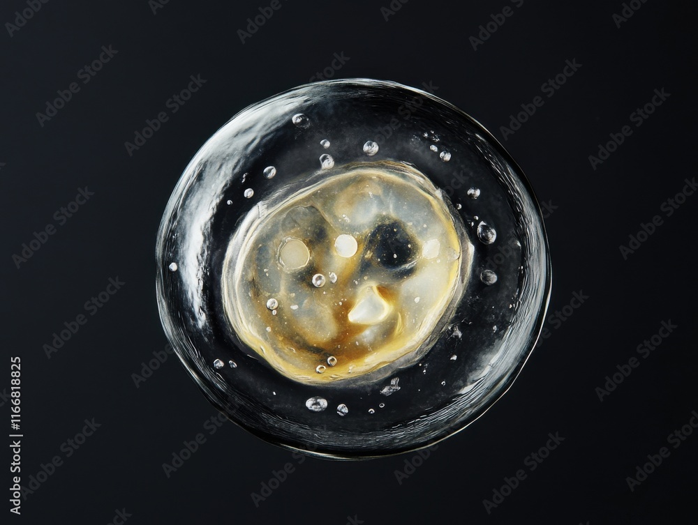 Poster a close-up of a gelatinous blob encased in clear bubbles against a dark background, creating a surre