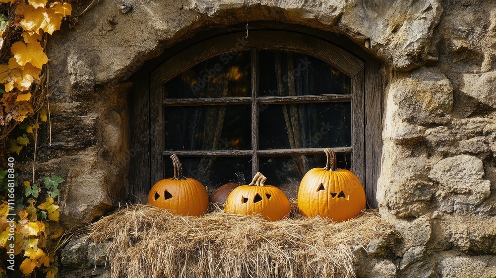 Poster halloween pumpkins displayed on a cottage window sill surrounded by hay and straw in an autumn setti