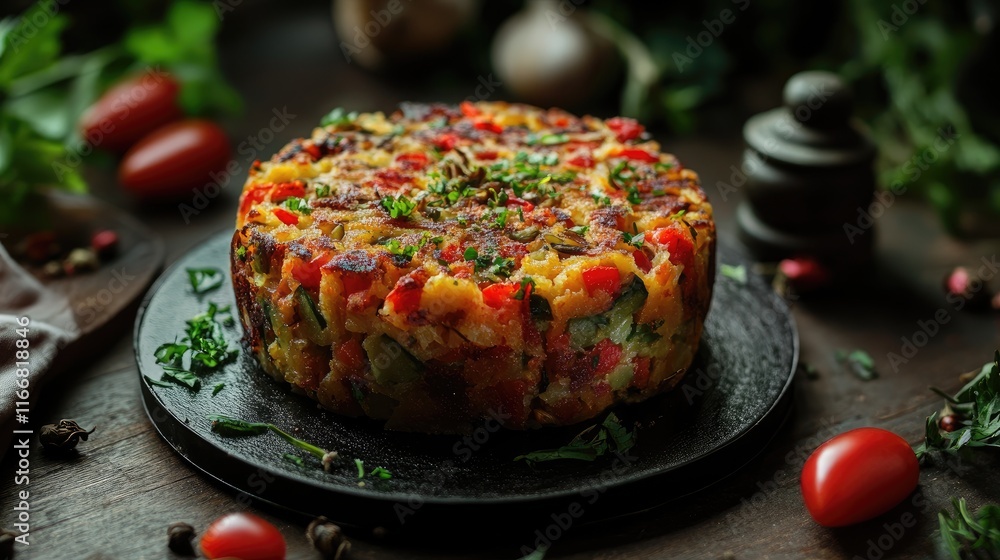 Poster vegetable handvo cake garnished with fresh herbs and tomatoes on a rustic table setting
