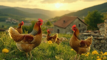 Chickens in a sunset countryside setting