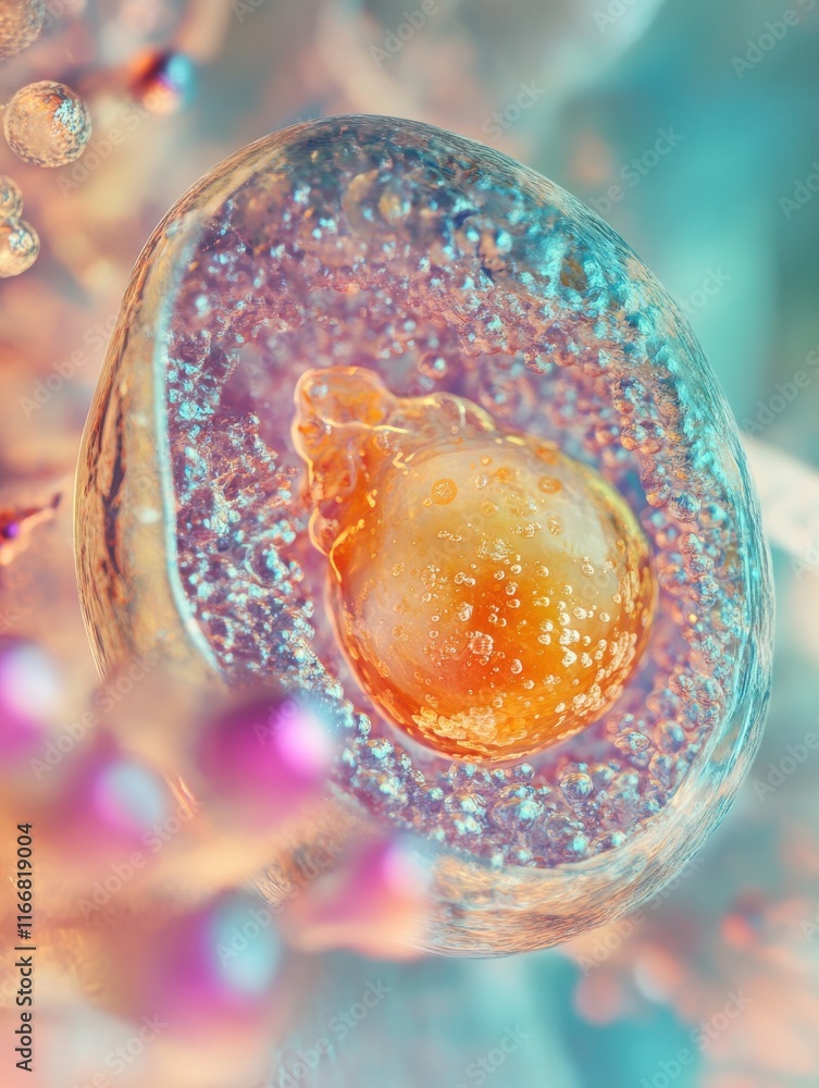 Poster colorful close-up of a cell with vibrant bubbles, creating a captivating, translucent effect.