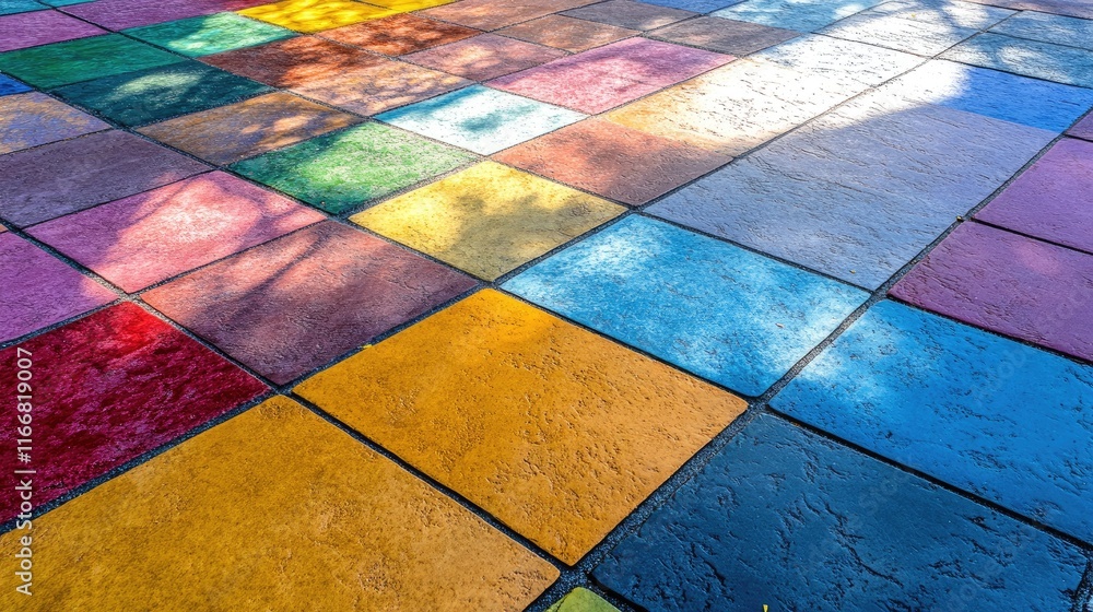 Aufkleber Colorful Abstract Pavement Design with Geometric Patterns and Artistic Shadows on a Vibrant Surface