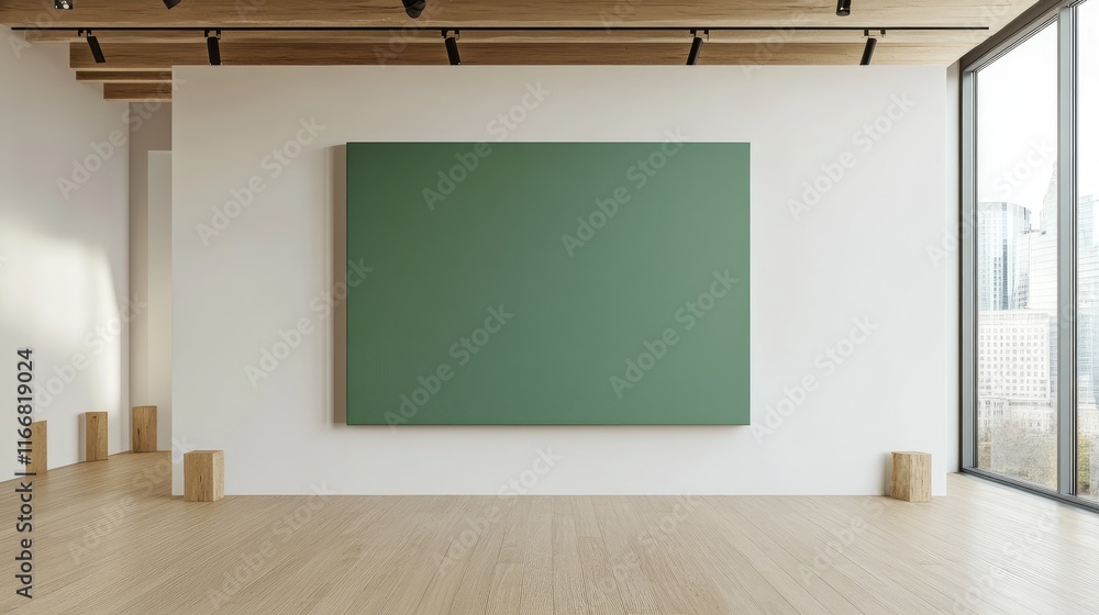 Poster modern interior showcasing a minimalist home design with a green canvas mockup on a white wall and l