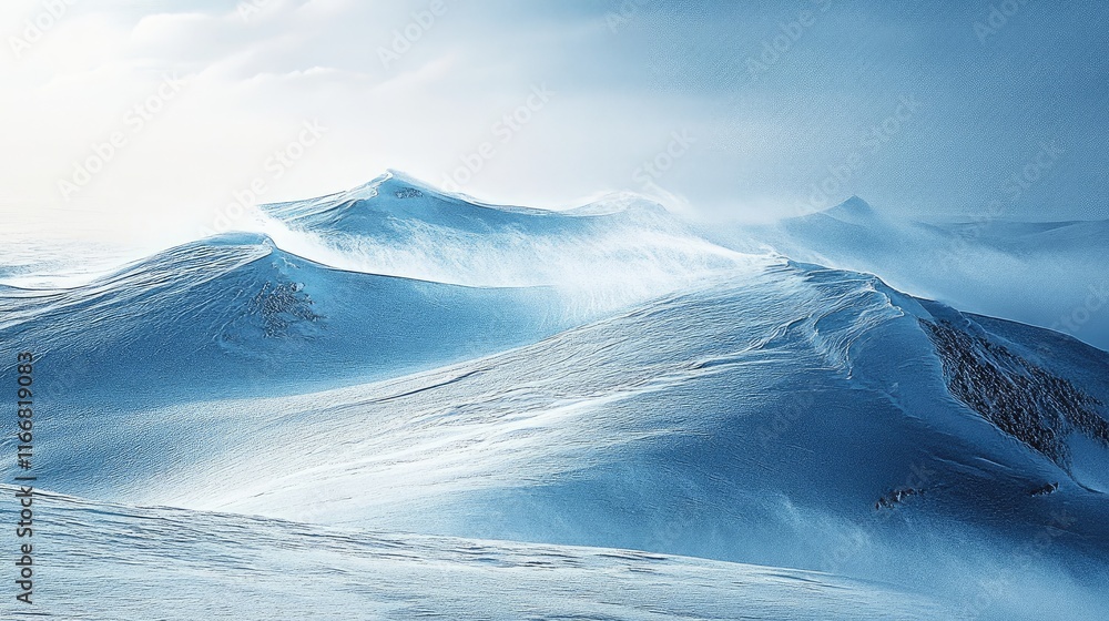Aufkleber winter landscape with snow-covered mountains under a blue sky and swirling wind creating a serene an