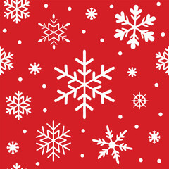 Snowflakes pattern. Christmas falling snowflake on red backdrop. Winter holiday snow seamless vector background. Winter holiday snow seamless wallpaper or backdrop for greeting card,  