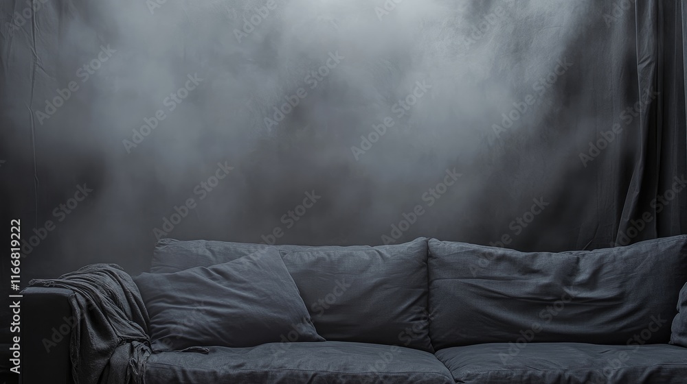 Aufkleber Gray Sofa Surrounded by Ethereal Fog in a Modern Living Room Setting with Soft Textures and Atmospheric Decor