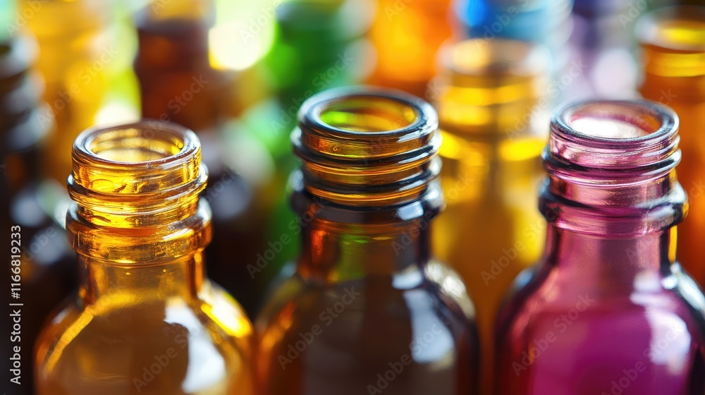 Aufkleber Essential Oils in Colorful Bottles for Home Detox and Aromatherapy Practices