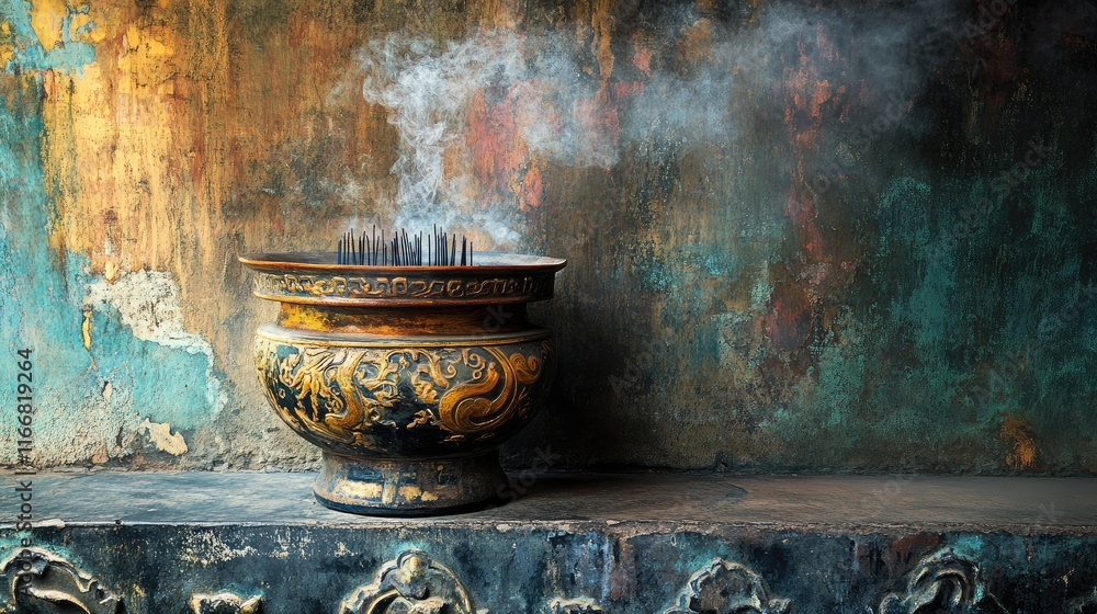 Poster incense burner releasing fragrant smoke in a historic temple with vibrant peeling wall textures crea