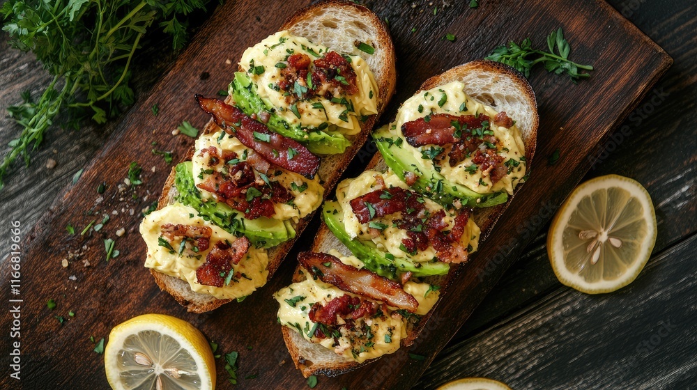 Poster stacked avocado bacon sandwiches on rustic board with lemon slices and herbs creating an appetizing 