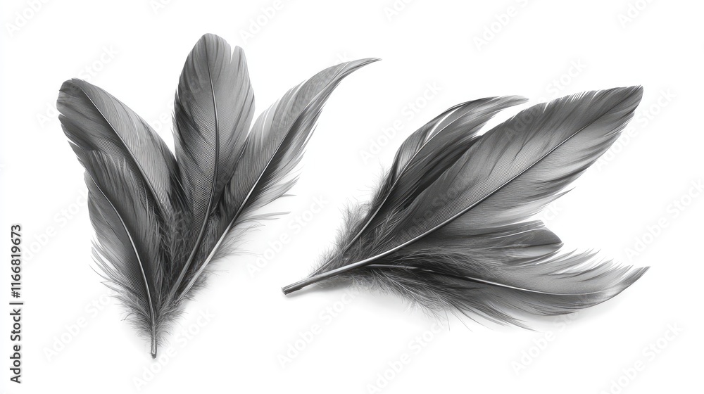 Poster elegant gray bird wing feathers isolated on white background for natural and artistic design use