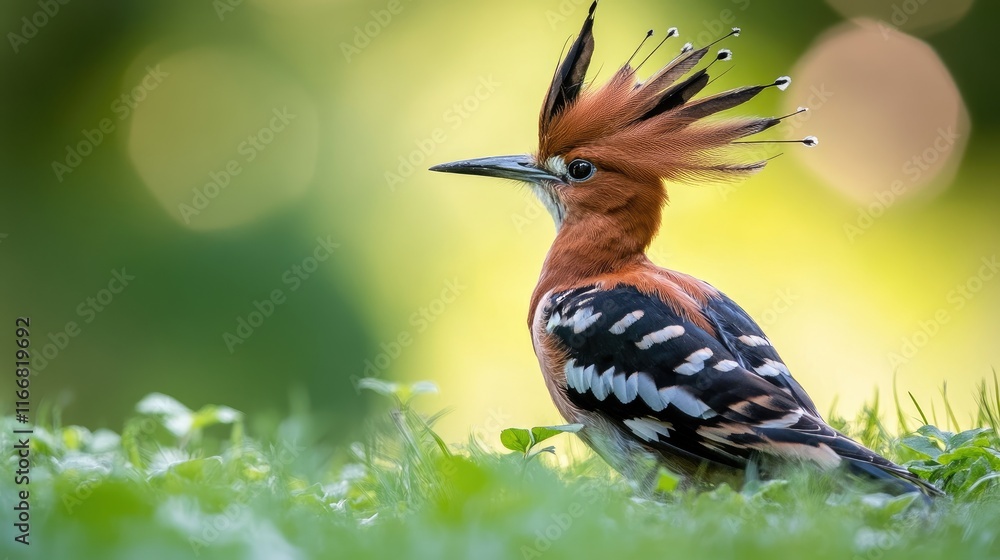 Aufkleber eurasian hoopoe bird standing in green grass with vibrant colors and unique crest in natural backgro