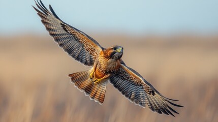 Obraz premium Red-tailed hawk in flight over a field.