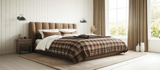 Cozy modern bedroom interior with plush carpet king size bed dressed in brown plaid and white wooden walls for elegant design inspiration