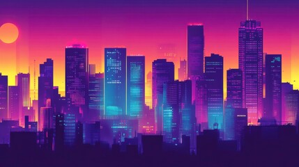 Vibrant City Skyline at Sunrise with Colorful Haze