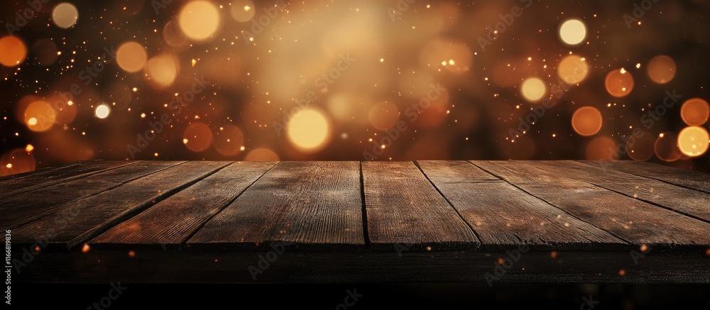 Poster rustic wooden table with warm bokeh lights background ideal for showcasing home improvement or heati