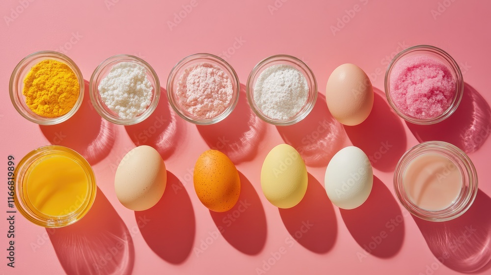 Poster easter egg dyeing ingredients arranged in minimalist style with colorful shadows and spring aestheti