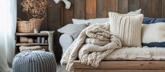 Knitted sweaters and cozy textiles in a rustic living room creating a warm and inviting atmosphere for personalization and comfort.