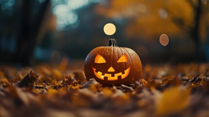 Halloween Pumpkin Decoration in Autumn Leaves Seasonal Sale Invitation with Flash Sale Announcement and Discount Promotion Design