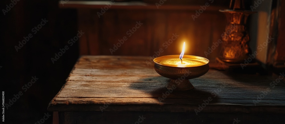 Poster kerosene lamp illuminating a rustic wooden table with a warm flickering flame creating a cozy and in