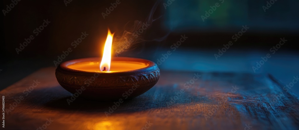 Poster kerosene lamp illuminating a rustic wooden table with a flickering flame creating a warm and invitin
