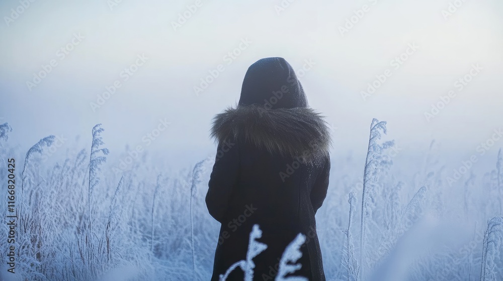 Poster lonely figure in winter scenery surrounded by frost-covered grass under a pale blue sky evoking feel