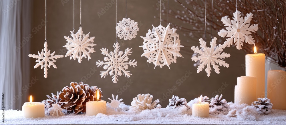 Poster elegant snowflake christmas decorations in a frosty setting with candles and pinecones creating a fe