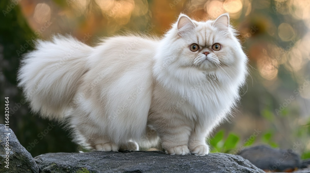 Poster persian cat standing gracefully on a rock surrounded by lush greenery in a soft natural light settin