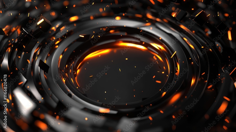 Poster abstract black annulus background featuring shiny fragments and bold fire lines textured design with