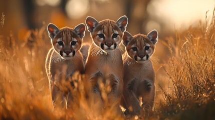 Obraz premium Three Cougar Cubs at Sunset