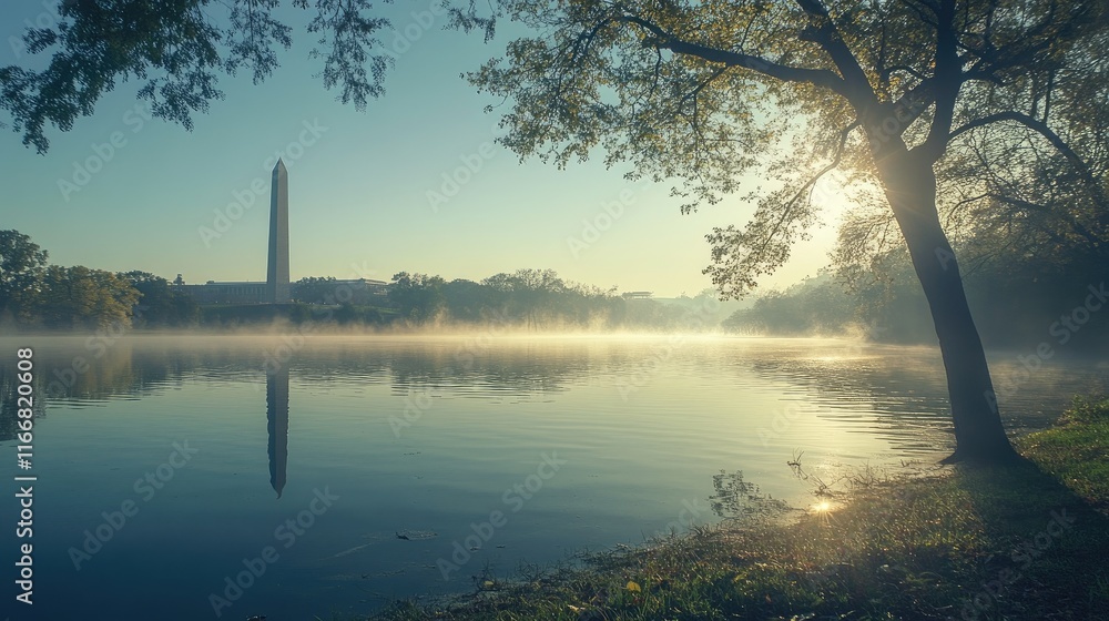 Poster serene morning scene featuring a monument reflected in a tranquil lake surrounded by mist and lush t