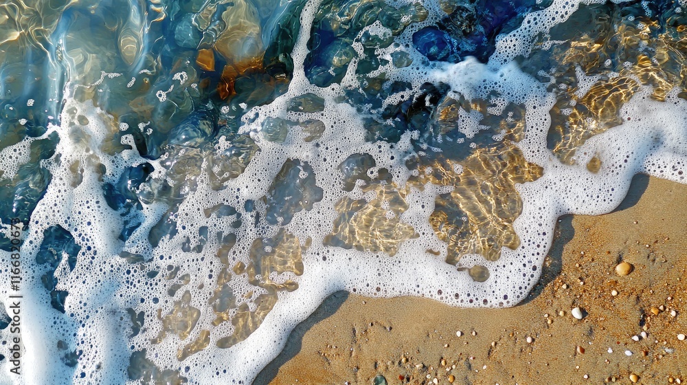 Poster gentle waves lapping at sandy shore with sea foam and pebbles at the beach during an incoming tide o